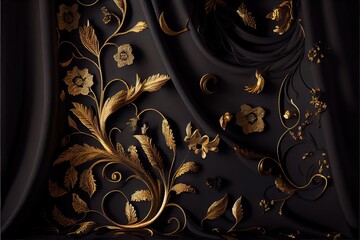Black luxury cloth silk satin velvet with golden floral (Ai generated)