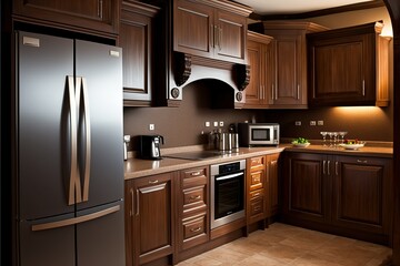 Kitchen, brown wooden material with contemporary furniture (Ai generated)