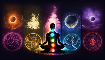 Meditating human silhouette in yoga lotus pose. Galaxy universe background. Colorful chakras and aura glow. Meditation on outer space background with glowing chakras. Esoteric. - obrazy, fototapety, plakaty