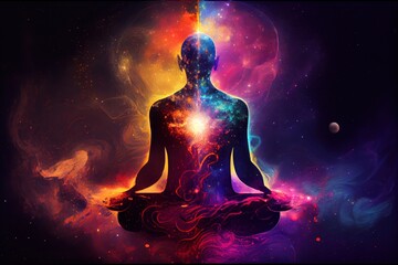 Meditating human silhouette in yoga lotus pose. Galaxy universe background. Colorful chakras and aura glow. Meditation on outer space background with glowing chakras. Esoteric. - obrazy, fototapety, plakaty