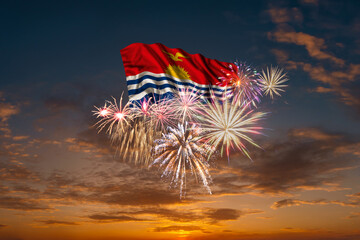 Flag of Kiribati and Holiday fireworks in sky