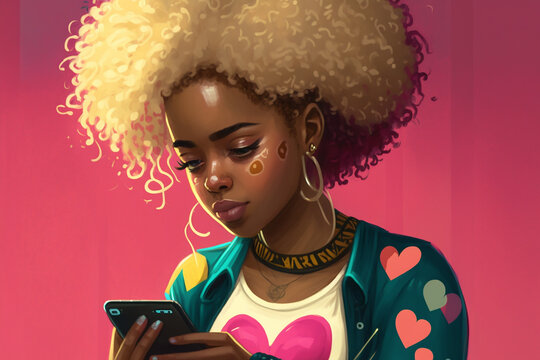 Happy afro American young girl reading a message from smartphone, fictitious person. AI generated image