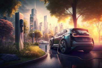Fototapeta na wymiar Powering the Future. Electric Car Charging with Sustainable Energy on Futuristic City Background. Generated AI