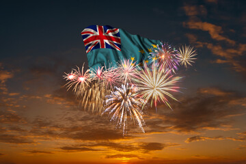 Flag of Tuvalu and Holiday fireworks in sky