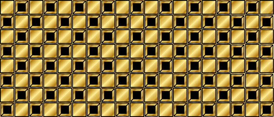 Dark black and Gold mosaic background. Golden squares pattern. Modern abstract vector texture.