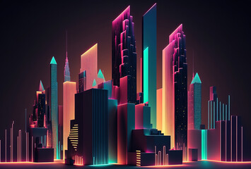 Fototapeta na wymiar A futuristic night city in the distance glowing with neon light. Surrealistic skyscrapers. Cyberpunk, immersive world of the metaverse. 3D rendering. AI generated.