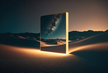 A surreal night desert landscape. Abstract sand dunes reflected in a square mirror. Yellow neon light, starry sky. A gateway to a parallel world. An immersive reality. 3D rendering. AI generated - obrazy, fototapety, plakaty