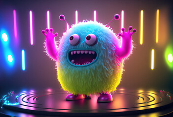 3D character cute monster dancing in a nightclub. The funny toothy alien is having fun at the party on stage in neon light. AI generated - obrazy, fototapety, plakaty