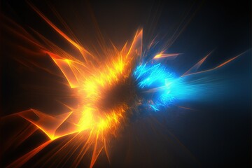 Abstract blue and orange effects on a dark background. Fiery neon highlights. Designs of glowing waves and flashes. 3D rendering. Generative AI