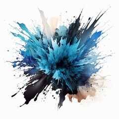 water color paint explosion in blue  and black on white background, 