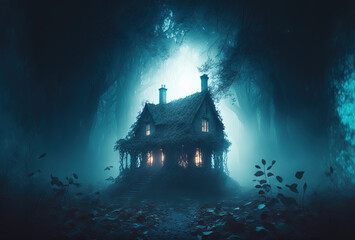 Obraz premium Scary old haunted house in the woods. Dwelling of a witch, a sorcerer. Mystical creepy night fog. 3D rendering. AI generated.