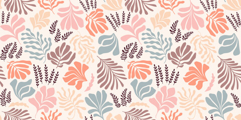 Abstract background with leaves and flowers, Matisse style. Vector seamless pattern with Scandinavian cut out elements.