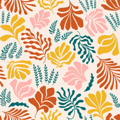 Abstract background with leaves and flowers, Matisse style. Vector seamless pattern with Scandinavian cut out elements.