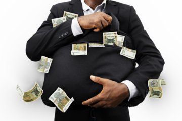 Black Businessman holding black bag full of new Moldovan leu notes , money falling from bag