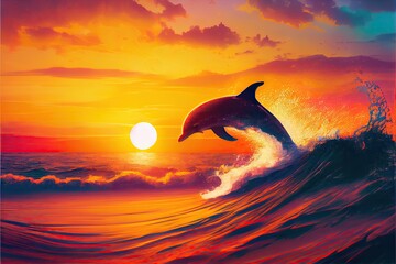 dolphin in water - sunset sky , generative ai - obrazy, fototapety, plakaty