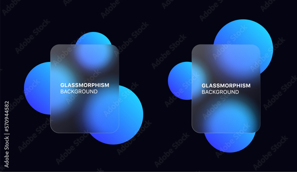 Poster glassmorphism background banner with transparent glass frame template . Realistic Frosted glass morphism effect with blurred abstract gradient blue circle shapes. Vector illustration
