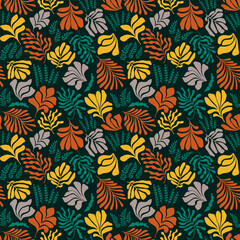 Abstract background with leaves and flowers, Matisse style. Vector seamless pattern with Scandinavian cut out elements.