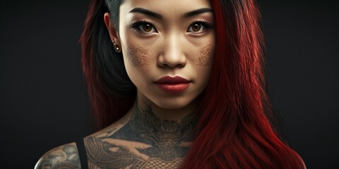 Hübsches asiatisches Top Model mit roten Haaren im Portrait, ai generativ