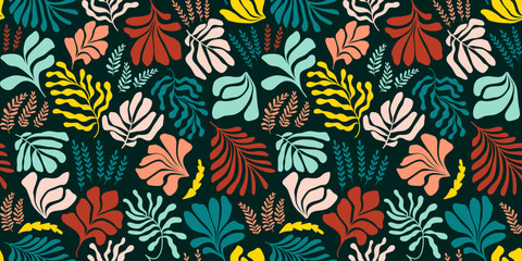 Abstract background with leaves and flowers, Matisse style. Vector seamless pattern with Scandinavian cut out elements. - 570945313