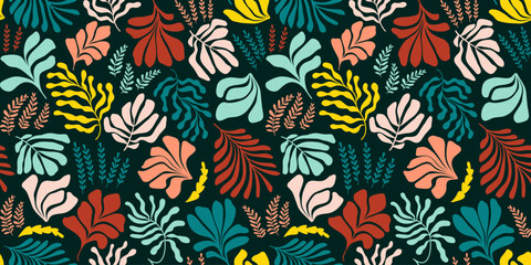 Abstract background with leaves and flowers, Matisse style. Vector seamless pattern with Scandinavian cut out elements. - obrazy, fototapety, plakaty