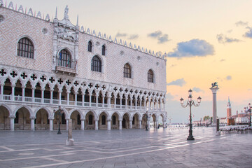 Beautiful view of the Doge's Palace and St. Mark's column on Piazza San Marco in Venice, Italy