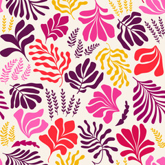 Abstract background with leaves and flowers, Matisse style. Vector seamless pattern with Scandinavian cut out elements. - 570945563