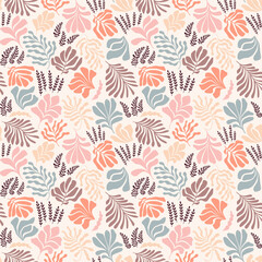 Abstract background with leaves and flowers, Matisse style. Vector seamless pattern with Scandinavian cut out elements.