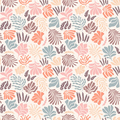 Abstract background with leaves and flowers, Matisse style. Vector seamless pattern with Scandinavian cut out elements.