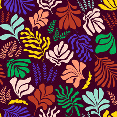 Abstract background with leaves and flowers, Matisse style. Vector seamless pattern with Scandinavian cut out elements.