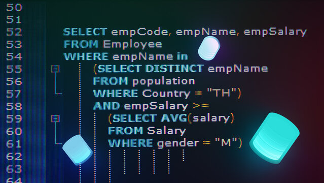 Multiple databases are placed on Structured Query Language code. Example of SQL code to query data from a database. Concept of SQL, Database server, Datacenter, and Web hosting. 3D rendering.