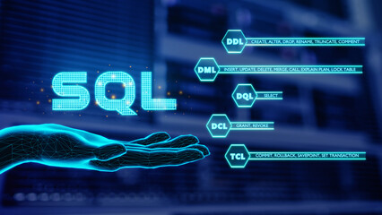 Hand showing SQL word with Database server background. SQL commands are mainly categorized into five categories as DDL, DQL, DML, DCL, TCL. Concept of Structured Query Language code. 3D render.