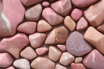 Obraz na płótnie Canvas Realistic Feminine / Girlish Pink Quartz Polished Marble Rocks Background. Semi-precious Rose Pink Quartz Stones with Smooth Shape. Natural Stones for Backdrop or Product Display. Generative AI art