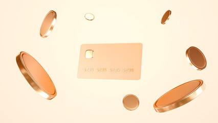 Debut gold credit card in pastel colors, with golden coins, online shopping, online banking, currency exchange - 3D Illustration