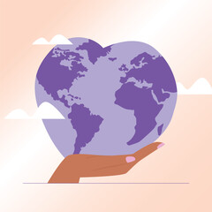Illustration of a globe in the shape of love in hand.
