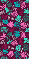 Abstract background with leaves and flowers, Matisse style. Vector seamless pattern with Scandinavian cut out elements.