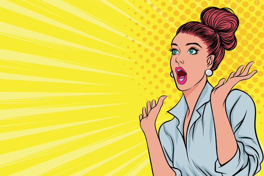 Fototapeta Woman surprised wow gape and yellow background for banner art comic style vintage style