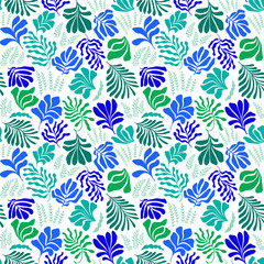 Abstract background with leaves and flowers, Matisse style. Vector seamless pattern with Scandinavian cut out elements.