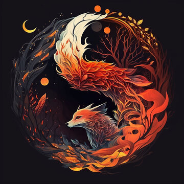 Maya fox logo graphics, red circle, Generative AI