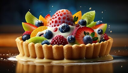  a fruit tart with a lot of fresh fruit on top of it and a drizzle of milk on the side of the tart.  generative ai - obrazy, fototapety, plakaty