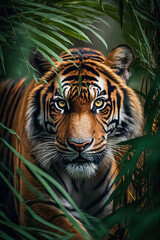 Obraz na płótnie Canvas a tiger peering through the jungle leaves at its prey - generative ai