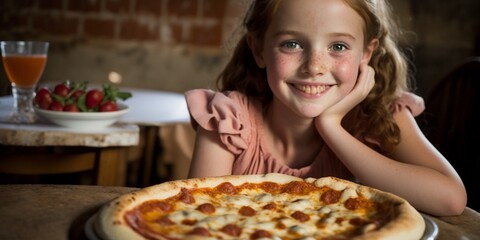 Gl&uuml;cklich l&auml;chelndes Kind im italienischem Restaurant beim  Pizza essen, ai generativ