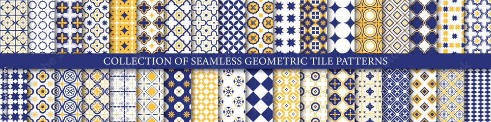 Leinwandbilder Collection of bright colorful seamless geometric mosaic patterns - endless tile textures. Decorative tileable ornamental backgrounds. Vector repeatable symmetric prints.