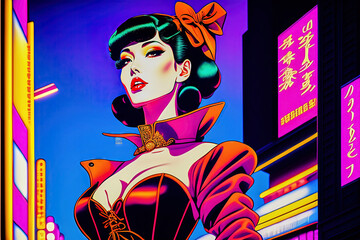 Colorful glowing graphic of the upper part of a busty woman with black hair and a red bustier in front of a light advertising background, made with generative ai - obrazy, fototapety, plakaty