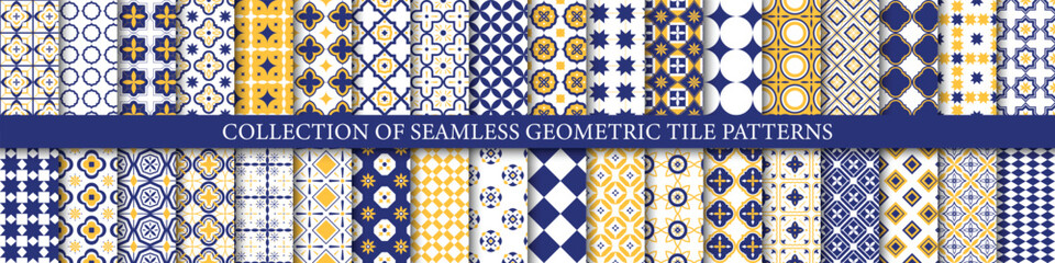 Collection of bright colorful seamless geometric mosaic patterns - endless tile textures. Decorative tileable ornamental backgrounds. Vector repeatable symmetric prints.