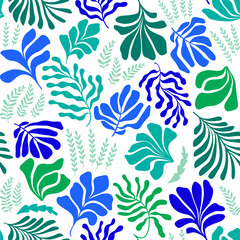 Abstract background with leaves and flowers, Matisse style. Vector seamless pattern with Scandinavian cut out elements.