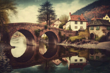 Vintage photo of old European village river side and bridge, by Generative AI