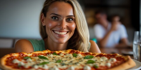 Gl&uuml;cklich l&auml;chelnde Frau im italienischem Restaurant beim Pizza essen, ai generativ