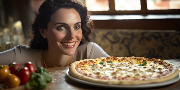 Glücklich lächelnde Frau im italienischem Restaurant beim Pizza essen, ai generativ