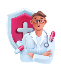 3D doctor medical consultation avatar, online healthcare pharmacist expert icon, smiling therapist. Cartoon male cardiologist vector character, stethoscope, shield. Young man 3D doctor portrait