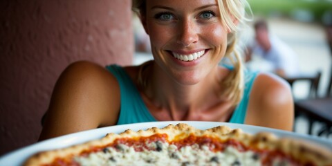 Leckere frische Pizza im Restaurant, l&auml;chelnde Frau im Hintergrund, ai generativ